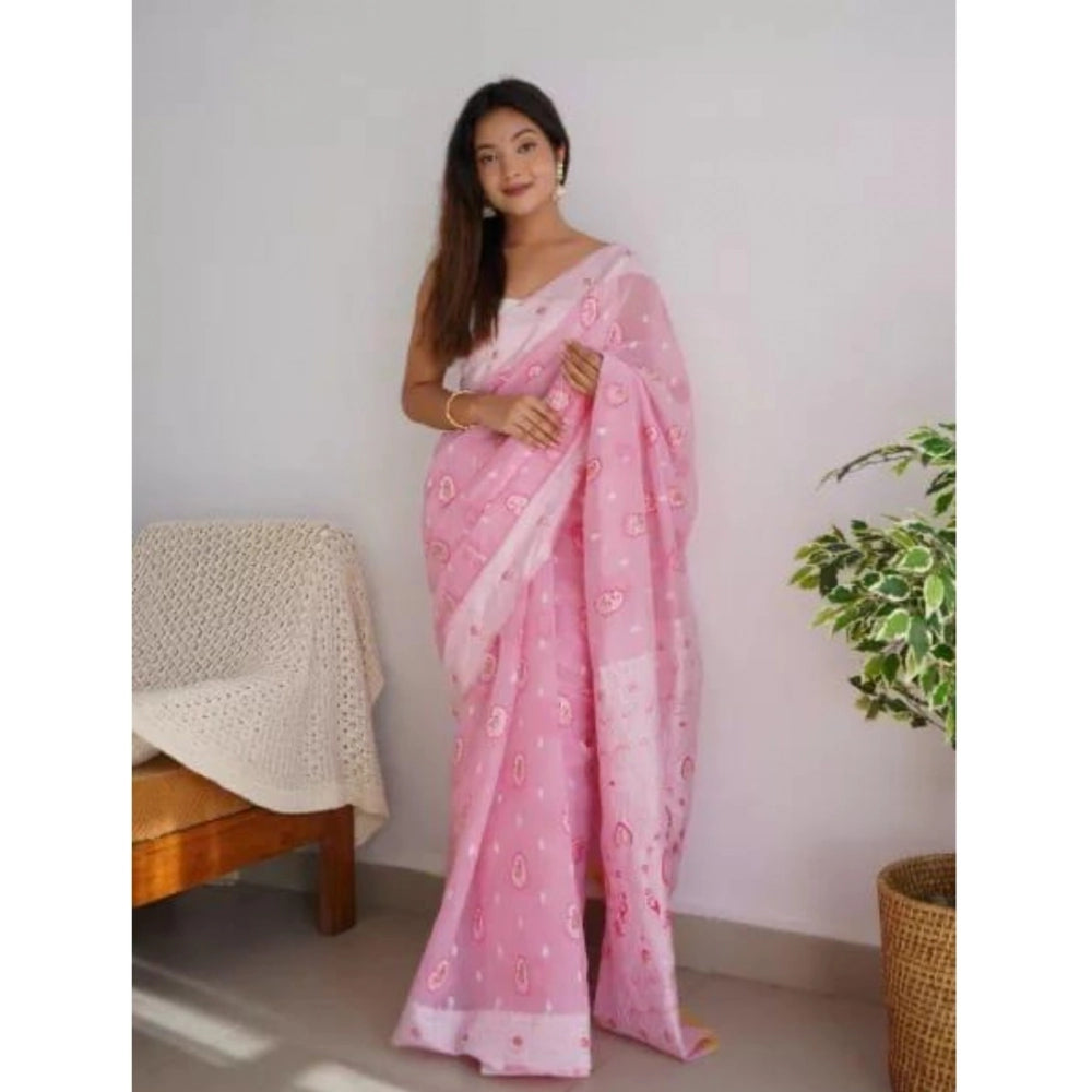 Pink cotton printed saree with unstitched blouse (5.5mtr), vibrant traditional Indian wear
