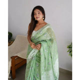 Pista cotton printed saree with unstitched blouse (5.5Mtr), vibrant traditional Indian wear