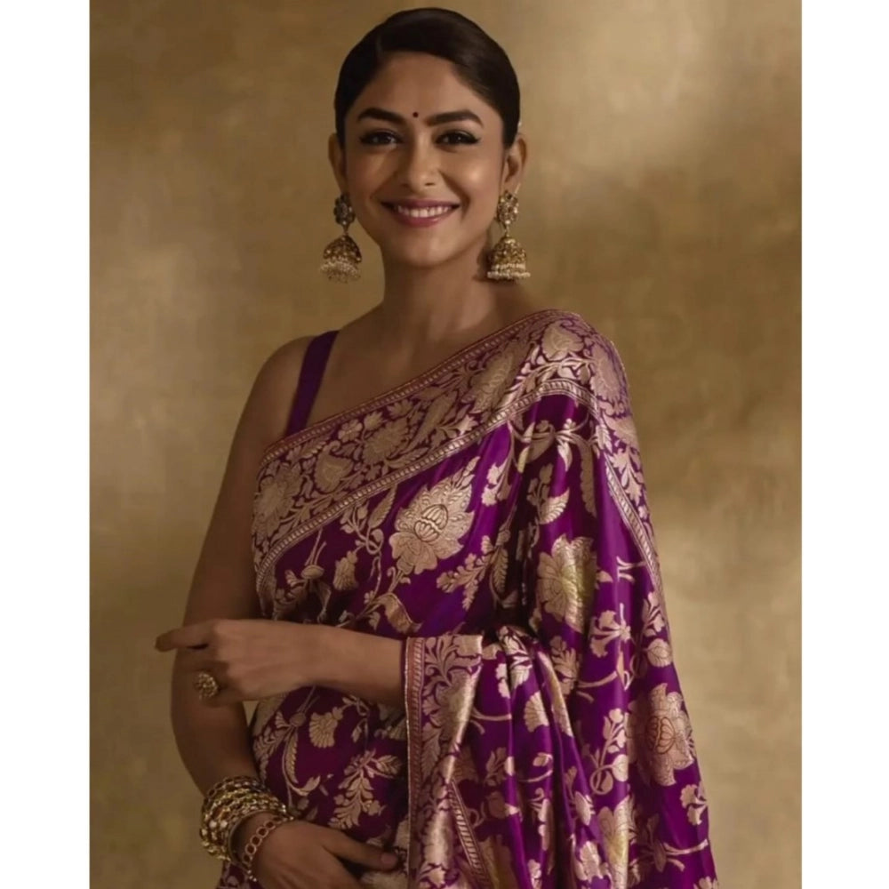 Purple silk printed saree with unstitched blouse (5.5Mtr), elegant women's traditional Indian wear