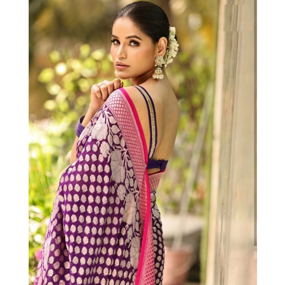 Purple silk printed saree with unstitched blouse (5.5mtr), exquisite Indian attire