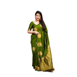 Green silk printed saree with unstitched blouse, vibrant design for traditional Indian wear