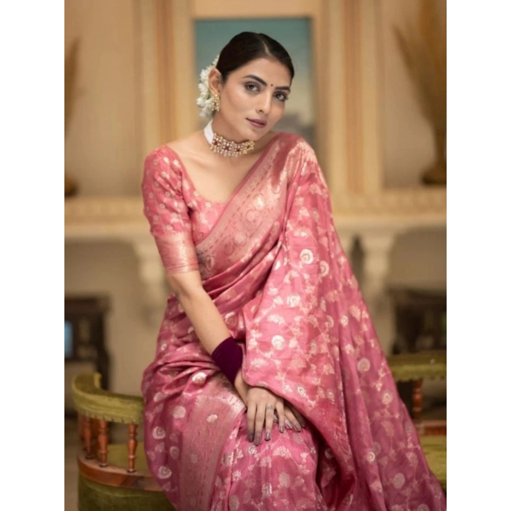Peach silk printed saree with unstitched blouse (5.5mtr), luxurious traditional Indian attire for women