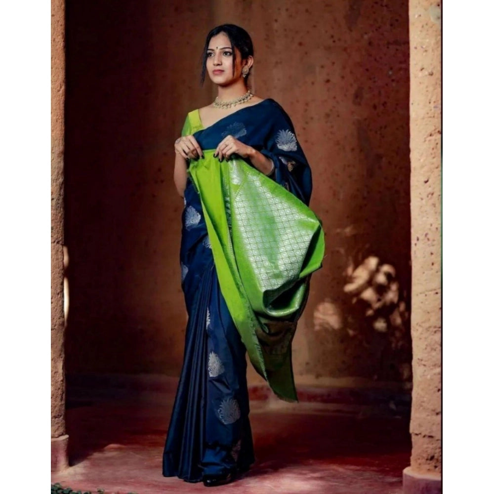 Navy blue silk printed saree with unstitched blouse, 5.5Mtr length on mannequin