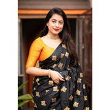 Yellow silk printed saree with unstitched blouse (5.5Mtr)
