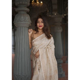 Cream cotton printed saree with unstitched blouse (5.5mtr), traditional Indian women's wear