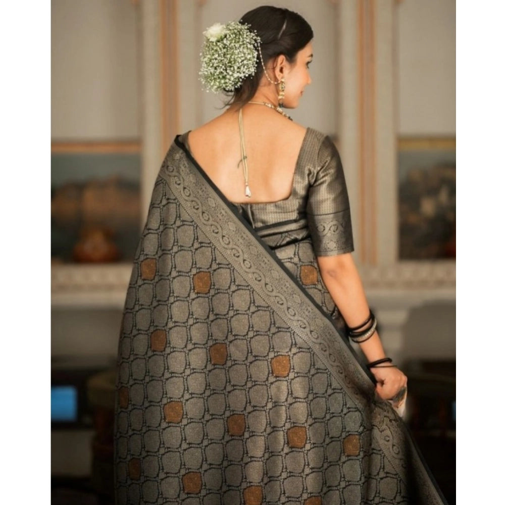 Black silk printed saree with unstitched blouse (5.5Mtr) on mannequin