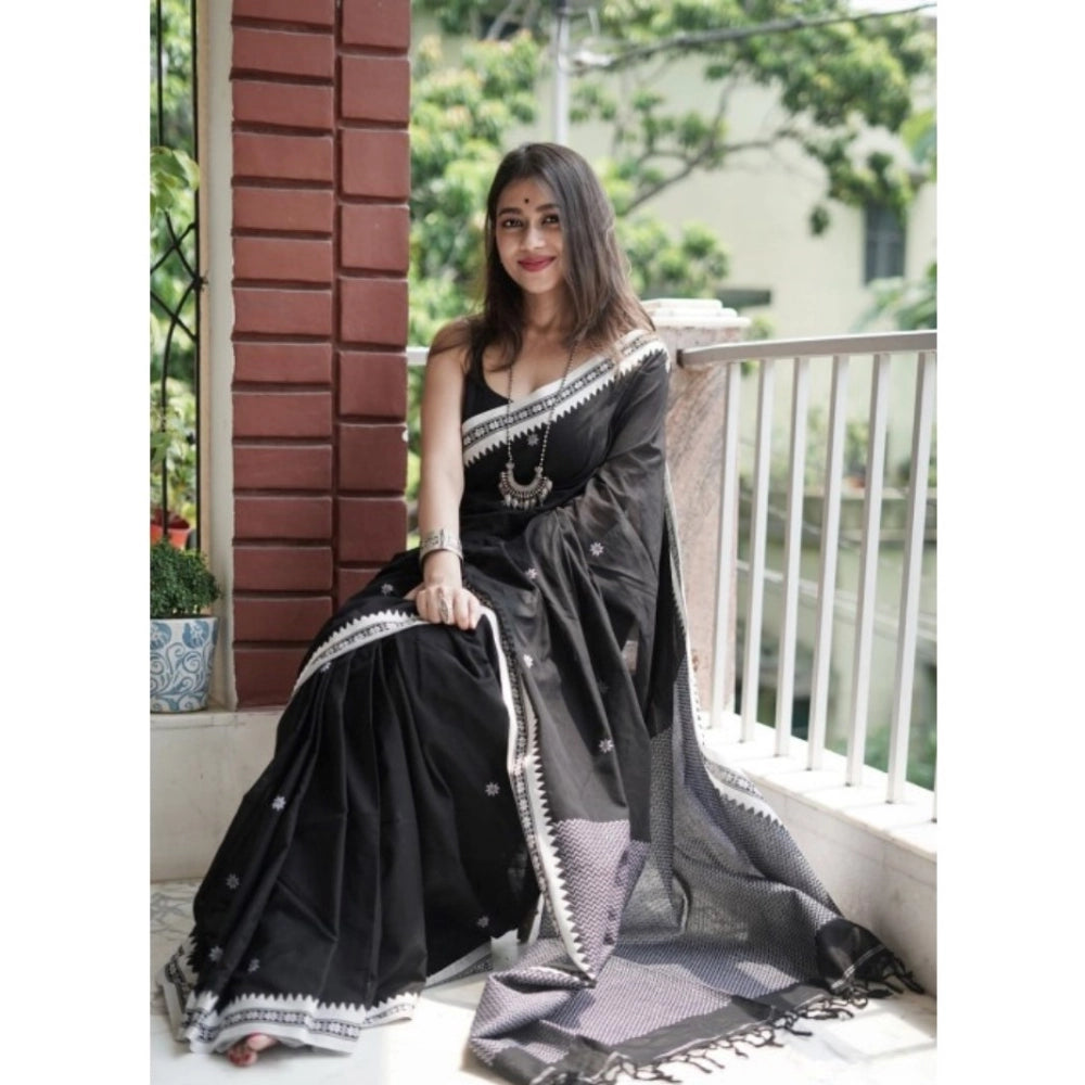 Black cotton printed saree with unstitched blouse (5.5mtr), traditional Indian attire for women