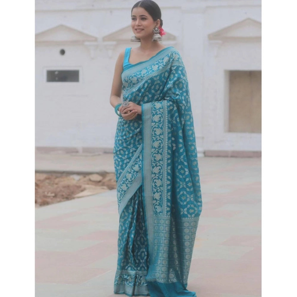 Sky blue silk printed saree with unstitched blouse (5.5Mtr), elegant and vibrant traditional wear for women
