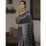 Navy blue silk printed saree with unstitched blouse (5.5Mtr), luxurious Indian attire for women