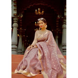 Rose gold printed cotton saree with unstitched blouse (5.5mtr), traditional Indian women's wear on mannequin