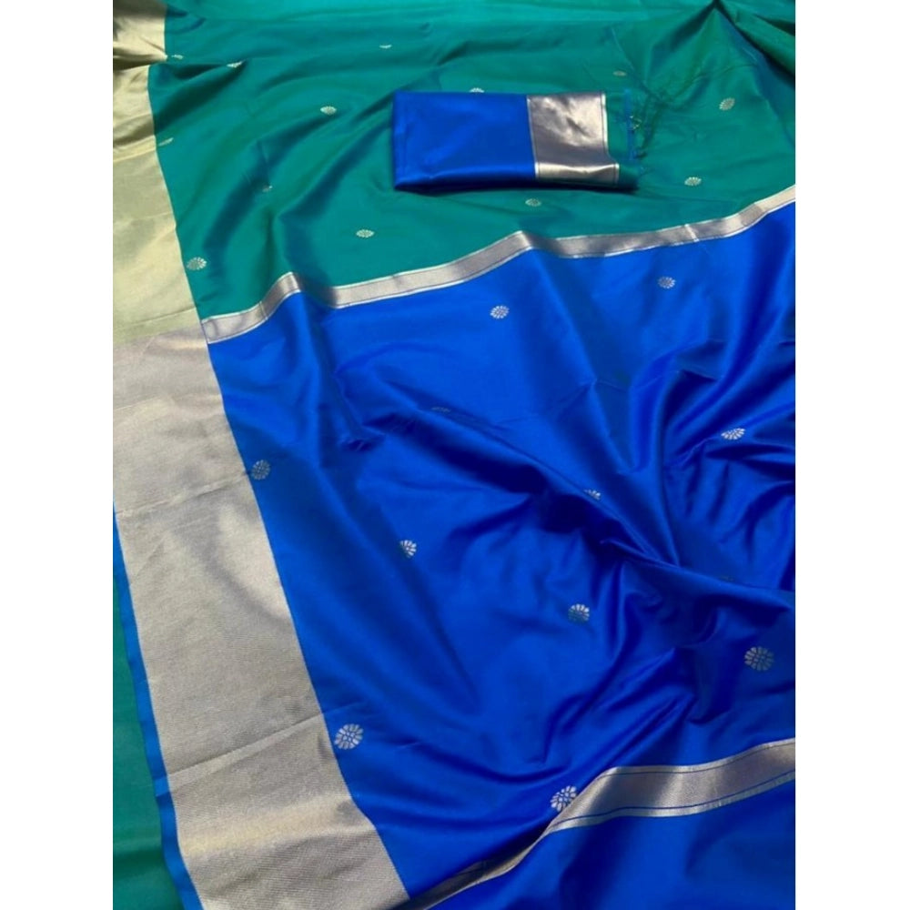 Blue silk printed saree with unstitched blouse (5.5Mtr), elegant Indian women's wear on mannequin