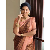 Brown silk printed saree with unstitched blouse (5.5mtr) on mannequin for Indian traditional wear