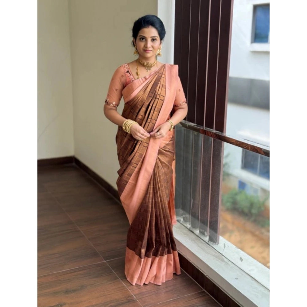 Brown silk printed saree with unstitched blouse (5.5mtr) on mannequin