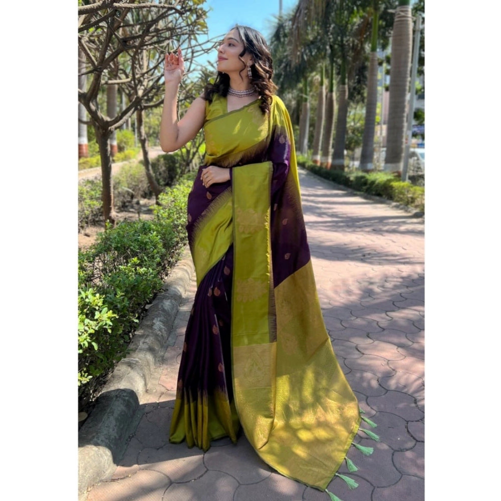 Women's silk printed wine saree with unstitched blouse (5.5Mtr), intricate floral patterns on luxury fabric