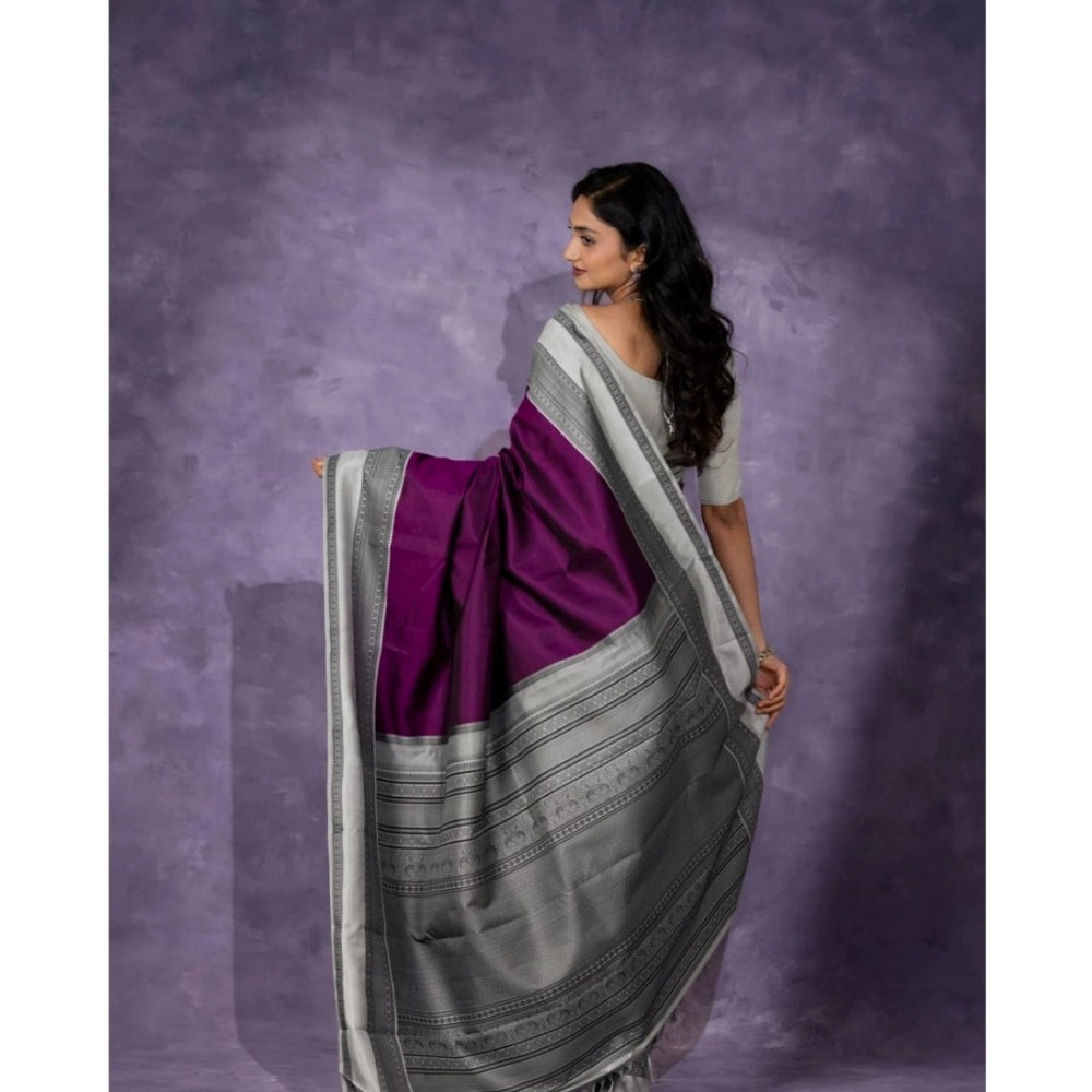 Purple silk printed saree with unstitched blouse (5.5Mtr), luxury Indian women's wear on display