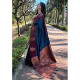 Blue silk printed saree with unstitched blouse (5.5mtr) - vibrant Indian traditional wear on model