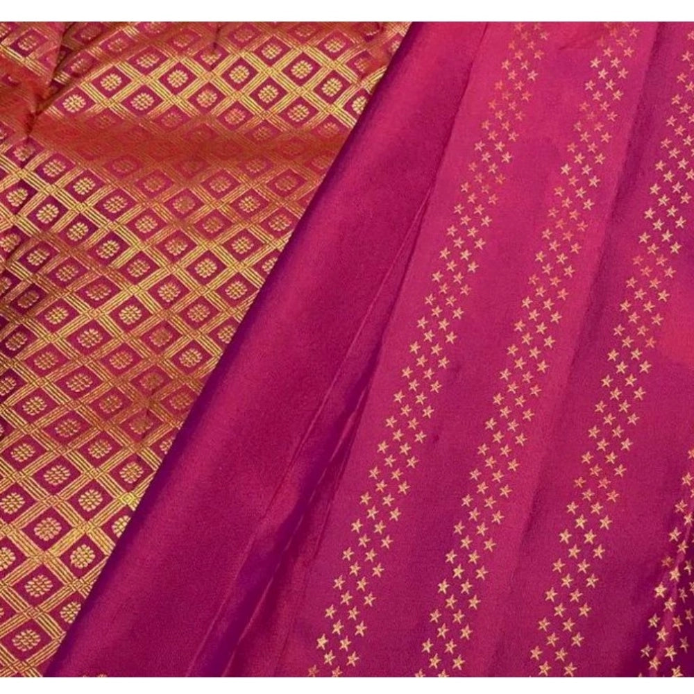 Rani pink silk printed saree with unstitched blouse (5.5Mtr) - luxury Indian attire on mannequin