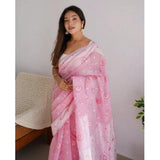 Pink cotton printed saree with unstitched blouse (5.5Mtr), vibrant design on display