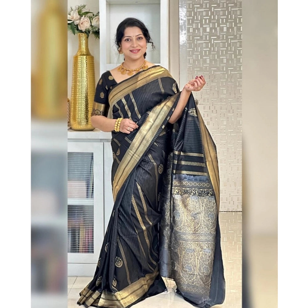 Black silk printed saree with unstitched blouse (5.5mtr)