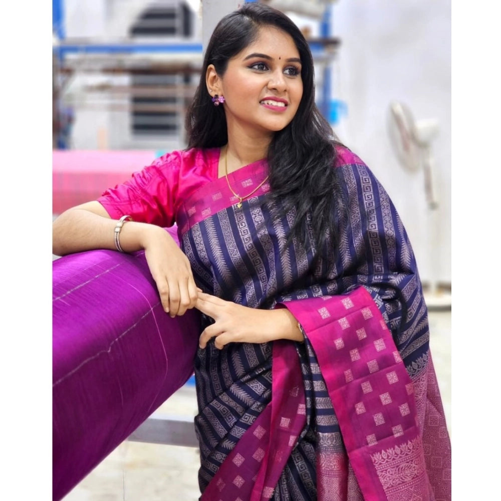 Navy blue silk printed saree with unstitched blouse, vibrant design on 5.5m fabric