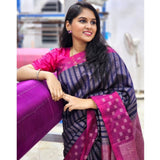 Navy blue silk printed saree with unstitched blouse, vibrant design on 5.5m fabric