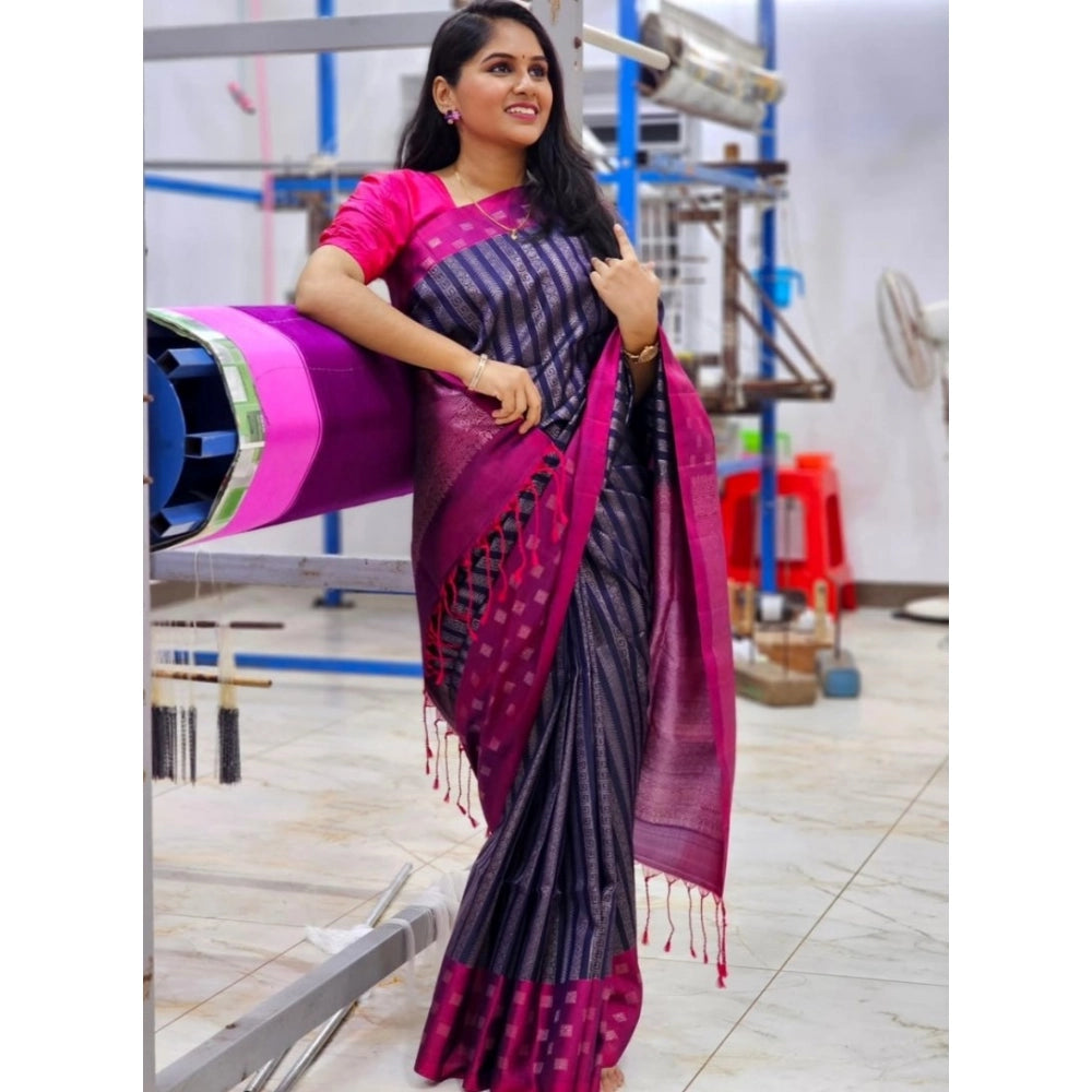 Navy Blue silk printed saree with unstitched blouse, luxurious Indian wear on mannequin