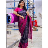 Navy Blue silk printed saree with unstitched blouse, luxurious Indian wear on mannequin