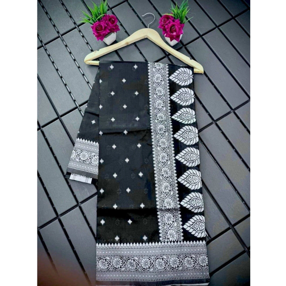 Black silk printed saree with unstitched blouse, 5.5mtr length on mannequin