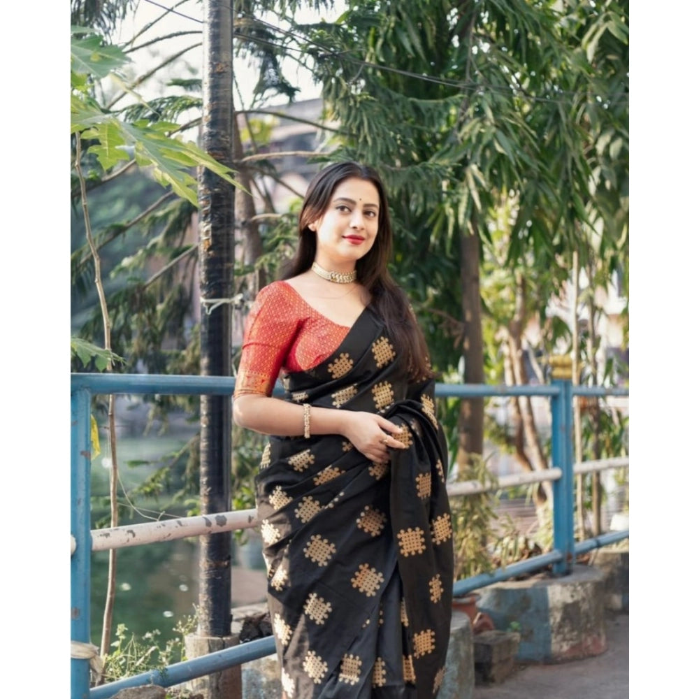 Black-Orange silk printed saree with unstitched blouse (5.5mtr) on model, intricate design details visible