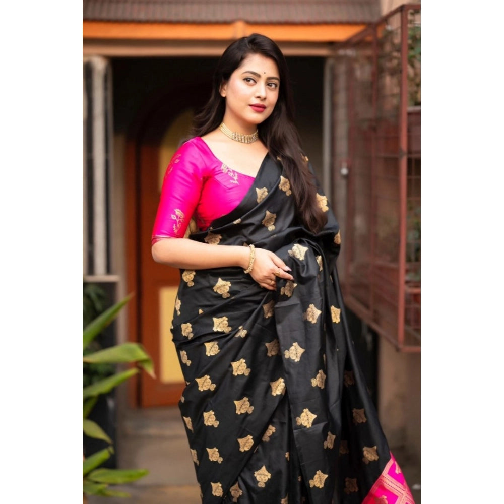 Pink silk printed saree with unstitched blouse, 5.5mtr length