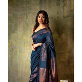 Navy blue silk printed saree with unstitched blouse (5.5mtr), high-quality silk fabric, traditional Indian attire on mannequin