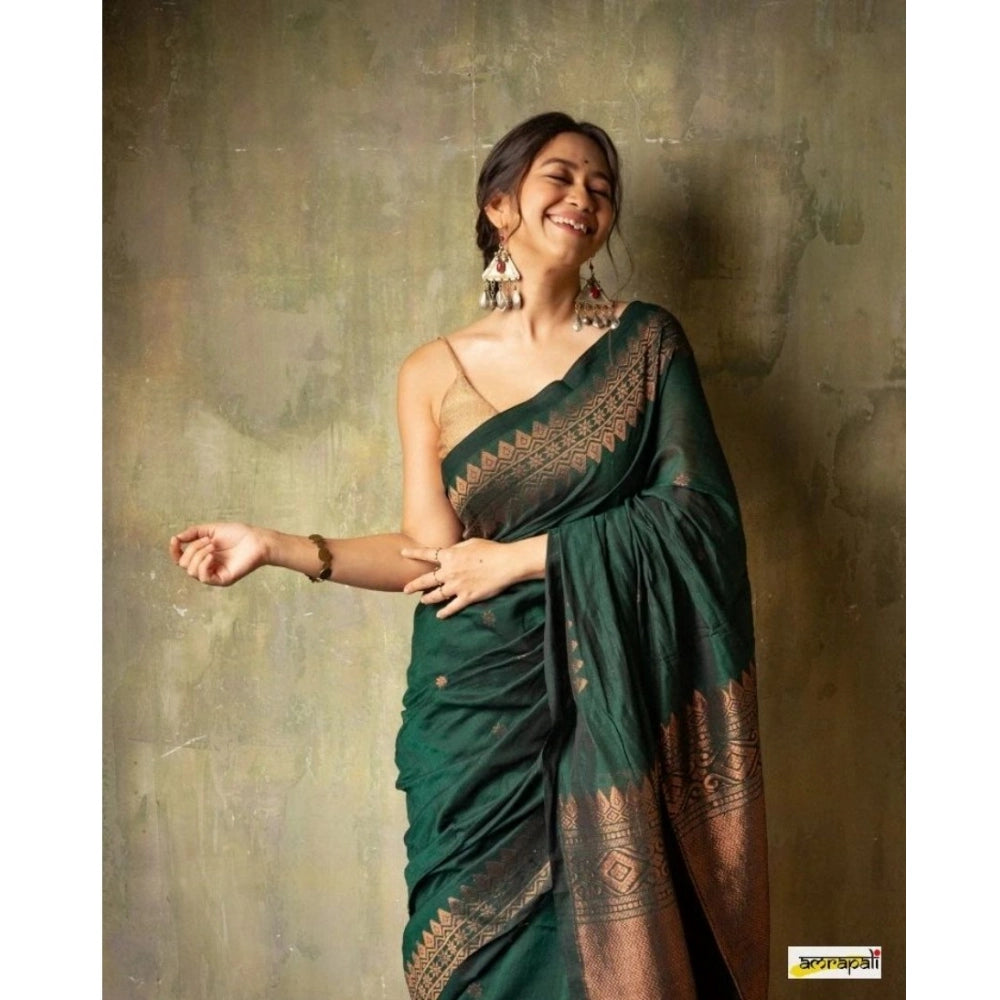 Green silk printed saree with unstitched blouse (5.5mtr) on mannequin