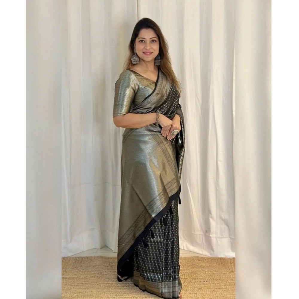 Black silk printed saree with unstitched blouse (5.5mtr) - intricate design for traditional Indian wear