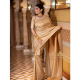 Cream silk printed saree with unstitched blouse (5.5mtr), women's traditional Indian attire on mannequin