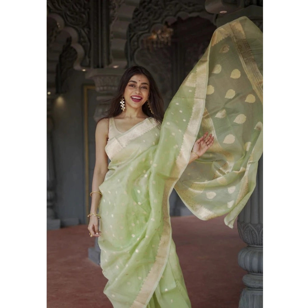 Women's cotton printed saree with unstitched blouse (Pista), vibrant, traditional Indian attire for special occasions