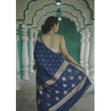 navy blue cotton printed saree with unstitched blouse, 5.5mtr for women's traditional Indian wear on mannequin