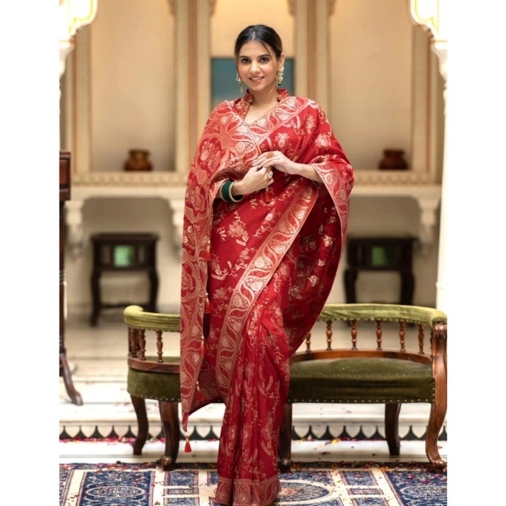 Red silk printed saree with unstitched blouse (5.5mtr), luxury Indian women's wear