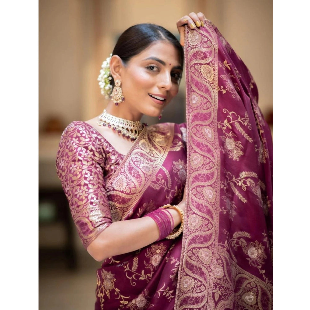 Women's wine silk printed saree with unstitched blouse (5.5Mtr), intricate design showcased