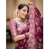 Women's wine silk printed saree with unstitched blouse (5.5Mtr), intricate design showcased