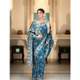Teal blue silk printed saree with unstitched blouse (5.5mtr), luxurious Indian traditional wear on mannequin
