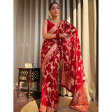 Red silk printed saree with unstitched blouse (5.5Mtr), vibrant traditional Indian wear for women