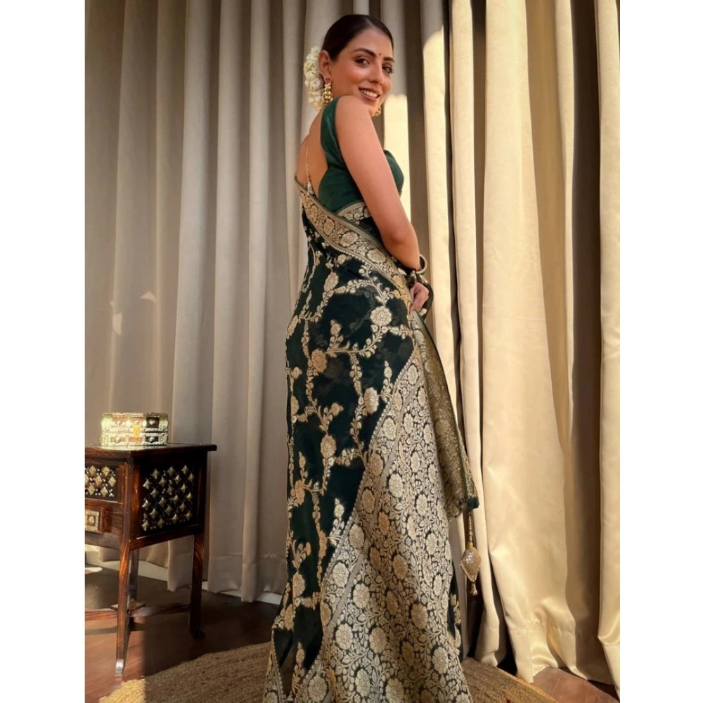 Dark green silk printed saree with unstitched blouse, vibrant design on 5.5mtr length