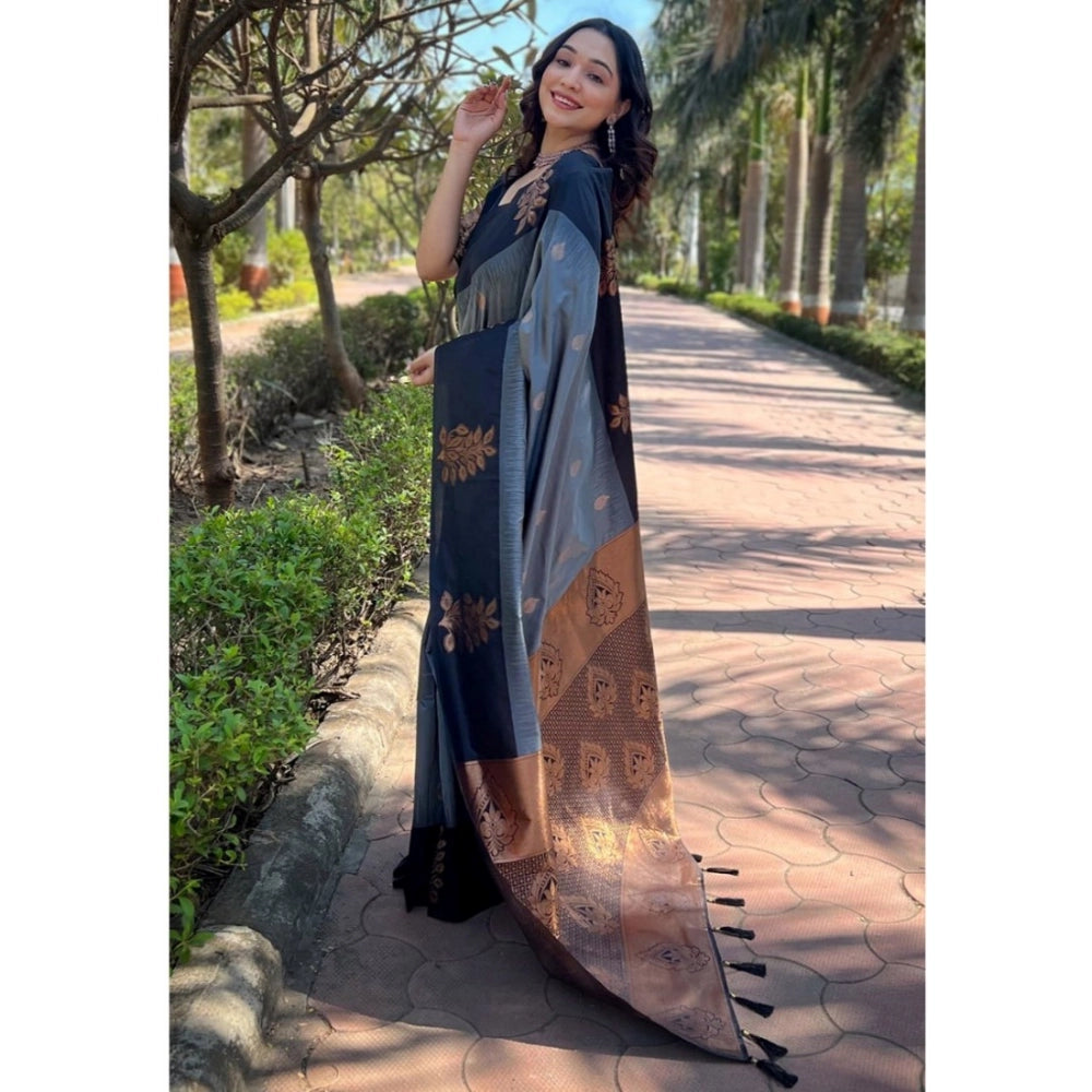 Grey silk printed saree with unstitched blouse (5.5mtr) - elegant women's traditional wear on mannequin