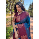 Blue silk printed saree with unstitched blouse (5.5mtr), vibrant pattern on traditional Indian attire