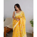 Yellow cotton printed saree with unstitched blouse (5.5mtr) - vibrant Indian fashion accessory