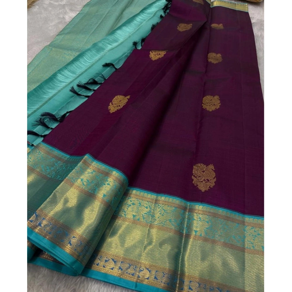 Women's wine silk printed saree with unstitched blouse, vibrant detailing on display