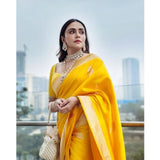 Yellow silk printed saree with unstitched blouse, 5.5mtr length for traditional Indian wear