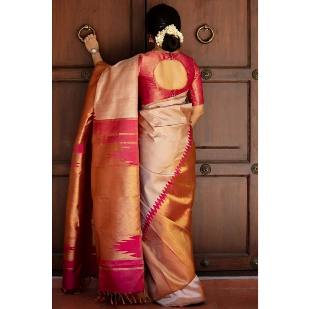 Cream silk printed saree with unstitched blouse (5.5Mtr), traditional Indian attire for women on mannequin