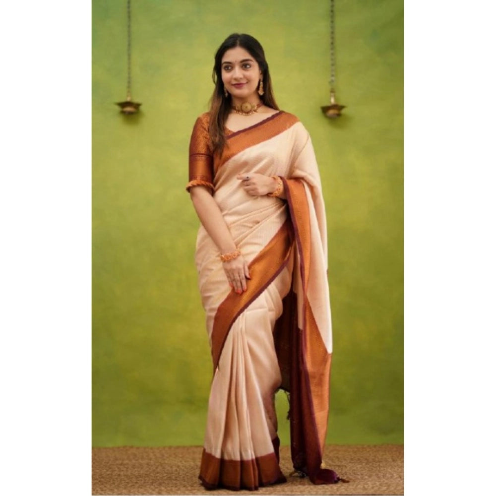 Cream silk printed saree with unstitched blouse (5.5Mtr), elegant Indian women's wear