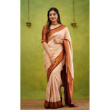 Cream silk printed saree with unstitched blouse (5.5Mtr), elegant Indian women's wear
